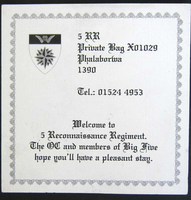 5 RECCE WELCOMING CARD GIVEN TO VISITORS TO THE UNIT 12 CM X 12 CM IN GOOD CONDITION