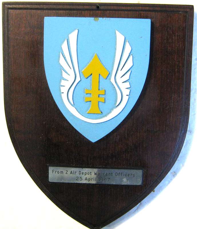 SAAF 2 AIR DEPOT RESIN BADGE ON SHIELD WITH "FROM 2 AIR DEPOT WARRANT OFFICERS - 25 APRIL 1997" ON