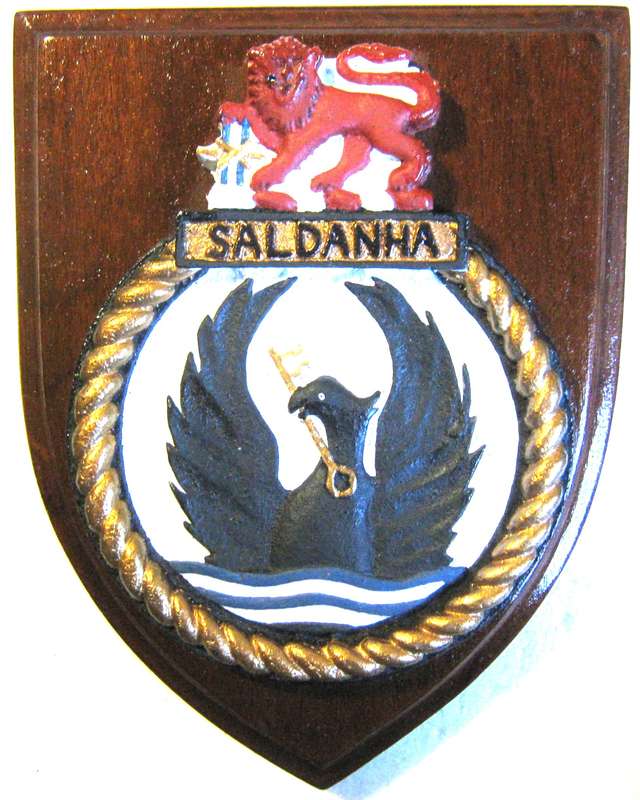 SAS SALDANHA RESIN BADGE ON WOODEN SHIELD 18 X 13 CM  IN GOOD USED CONDITION