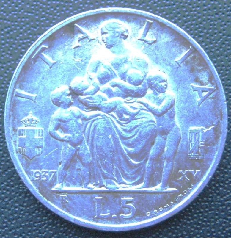 1937 ITALY 80 % SILVER 5 LIRE RARE COIN IN VERY GOOD CONDITION