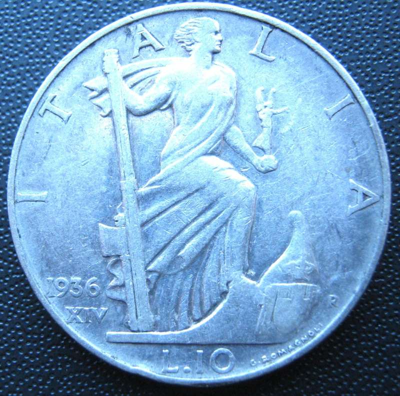 1936 ITALY 80 % SILVER 10 LIRE COIN IN VERY GOOD CONDITION