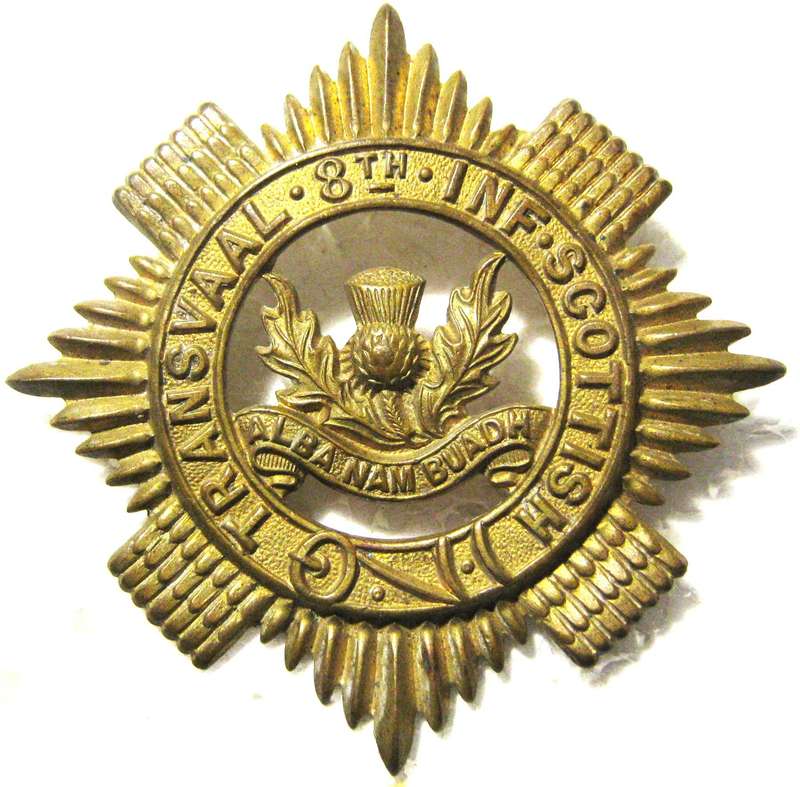 TRANSVAAL SCOTTISH 8TH INFANTRY CAP BADGE WITH LUGS WORN 1921 TO DATE IN GOOD USED CONDITION
