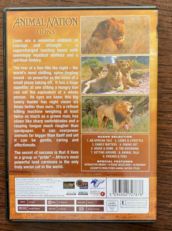 DVD Animal Nation Lions in english, PAL, All Regions