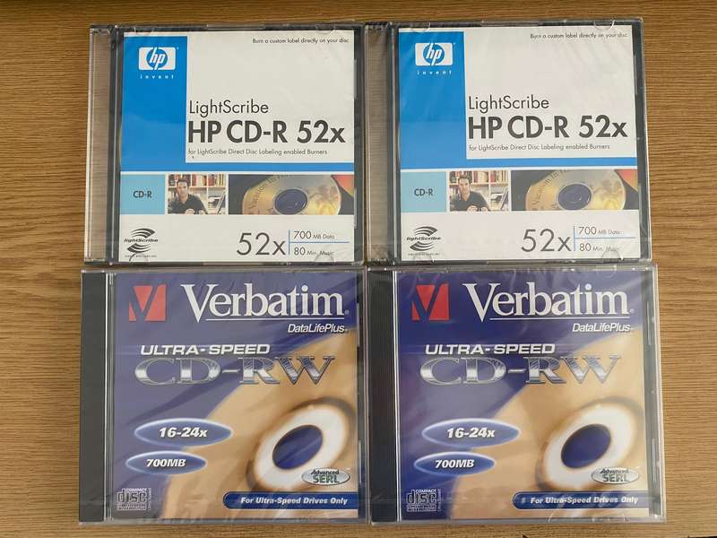 CD Lot HP CD-R 52x (2) + Verbatim CD-RW (2), all still sealed  Lot C, vintage
