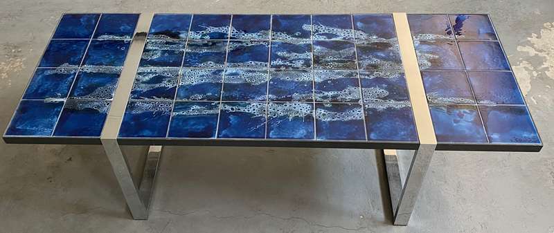 Vintage Coffee Table with ceramic tiles top and chrome plated metal base by Juliette Belarti 1960s