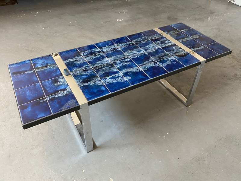 Vintage Coffee Table with ceramic tiles top and chrome plated metal base by Juliette Belarti 1960s