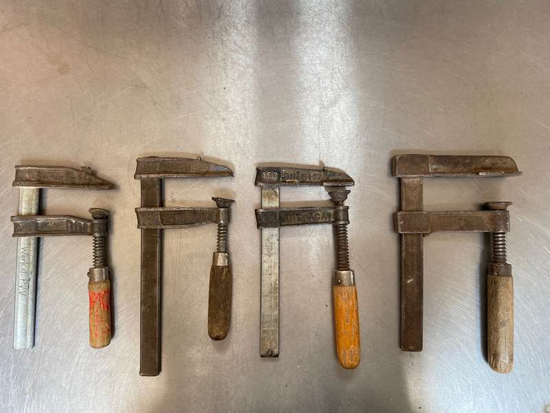 Lot of old tools ( 4 x clamps ) with wooden handle, rare, from Germany, vintage collectors item