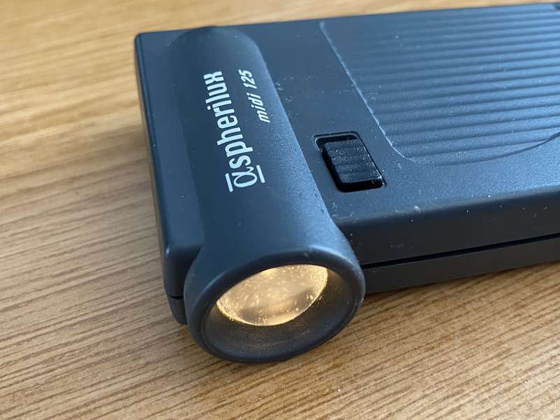 DOCTER GERMANY Aspherilux midi 125 torch, grey, vintage, in working condition. batteries not incl.