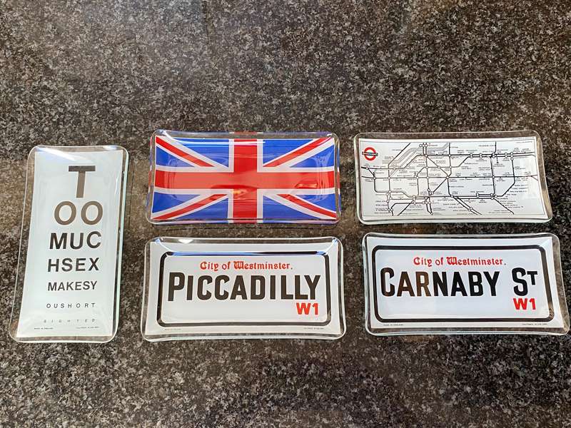 5x glass plate tray dish, english flag , piccadilly, uk bar item, vintage, collectors item, rare