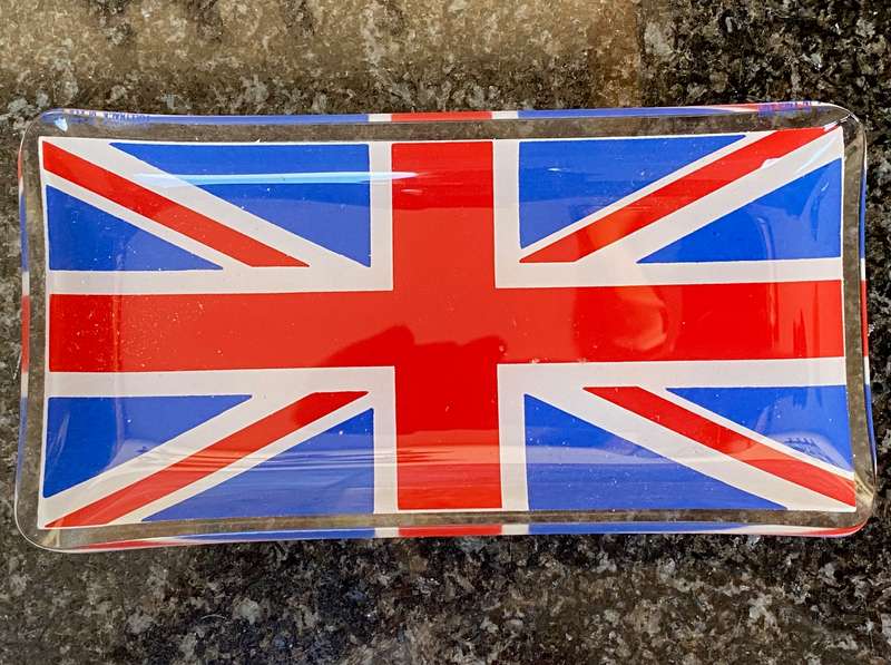 5x glass plate tray dish, english flag , piccadilly, uk bar item, vintage, collectors item, rare