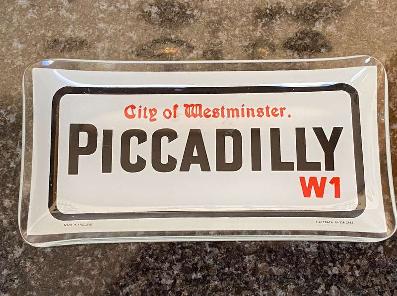 5x glass plate tray dish, english flag , piccadilly, uk bar item, vintage, collectors item, rare