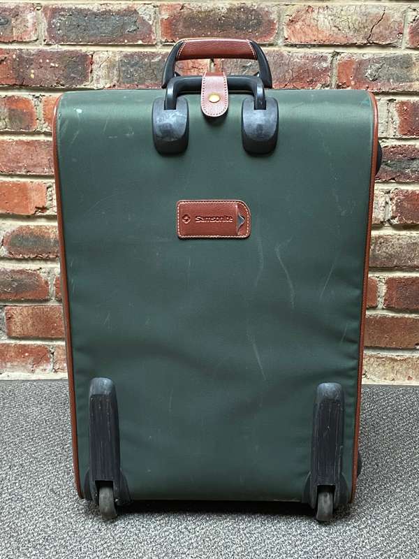 Samsonite green brown suite case with rolls , bag, trolley, vintage,travel , retro
