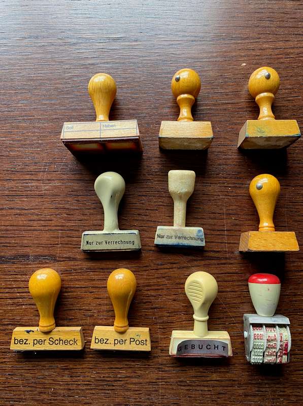 Wooden and plastic stamp lot + extras, all from Germany , vintage, collectors item