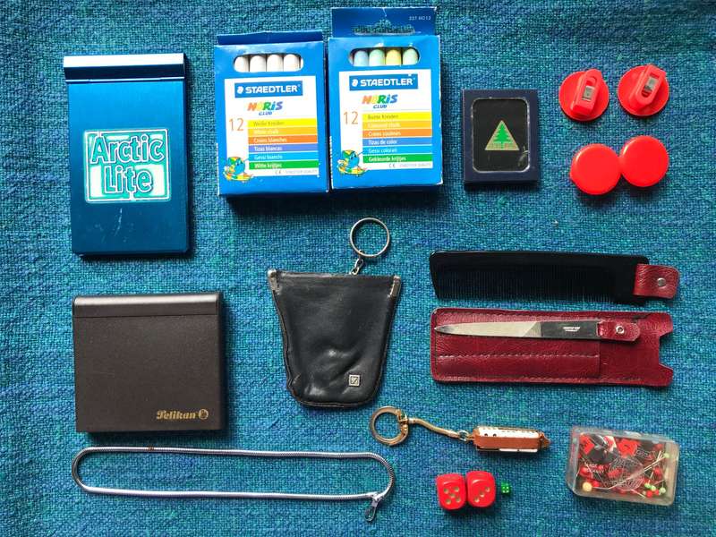 OFFICE JOB LOT 3: stamp pad,notice aluminium block,chalk,photoframe,leather key pouch,pins,