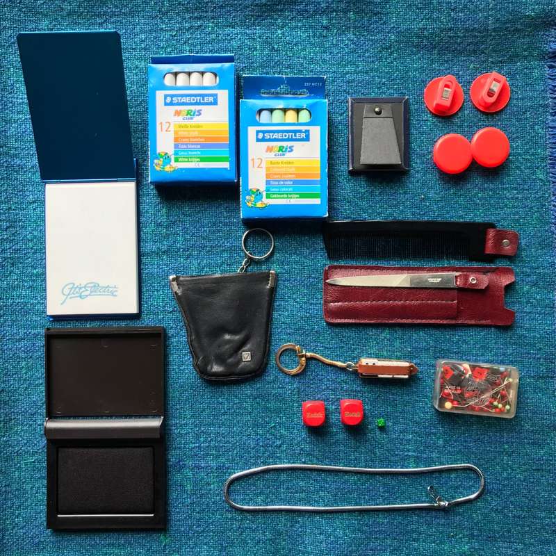 OFFICE JOB LOT 3: stamp pad,notice aluminium block,chalk,photoframe,leather key pouch,pins,