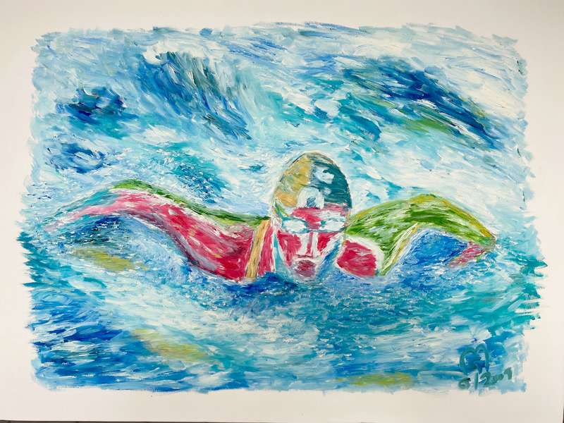 Original Oil on Canvas Painting,Butterfly-Swimmer,unique,German Artist,60x80x1.8cm, Year 2001,Lot 2,