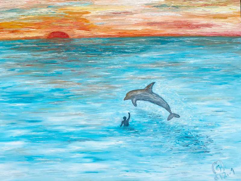 Original Ocean-Sunset Oil on Canvas Painting,unique,German Artist,size 60x80x1.8cm, Year 2001,Lot 1,