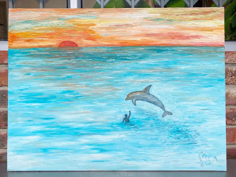 Original Ocean-Sunset Oil on Canvas Painting,unique,German Artist,size 60x80x1.8cm, Year 2001,Lot 1,