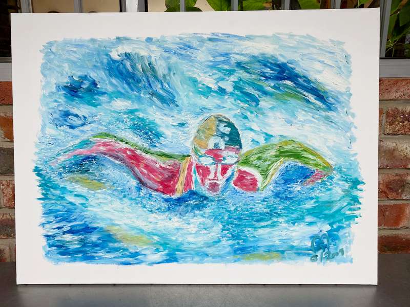 Original Oil on Canvas Painting,Butterfly-Swimmer,unique,German Artist,60x80x1.8cm, Year 2001,Lot 2,