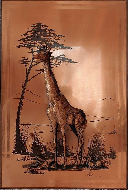 Wall hanging: authorized reproduction signed John Louw 74 3d figure of a giraffe affixed to a copp