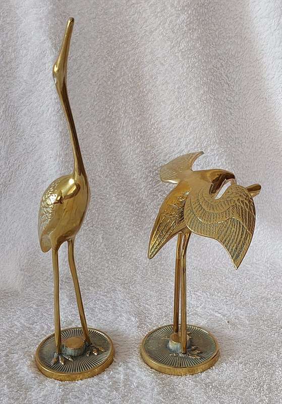 Pair of solid brass stylized heron figurines. Circa 1970