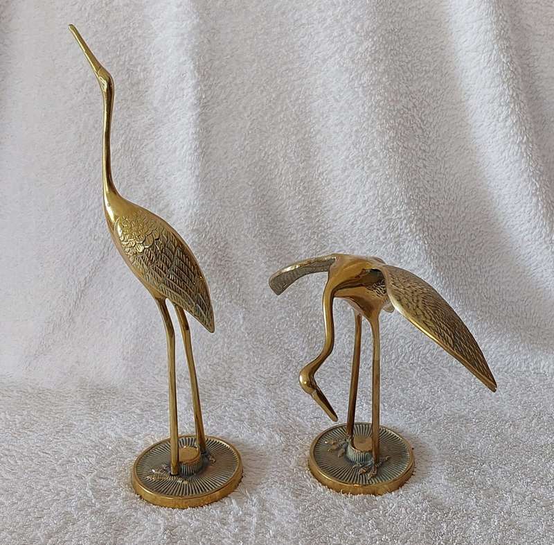 Pair of solid brass stylized heron figurines. Circa 1970