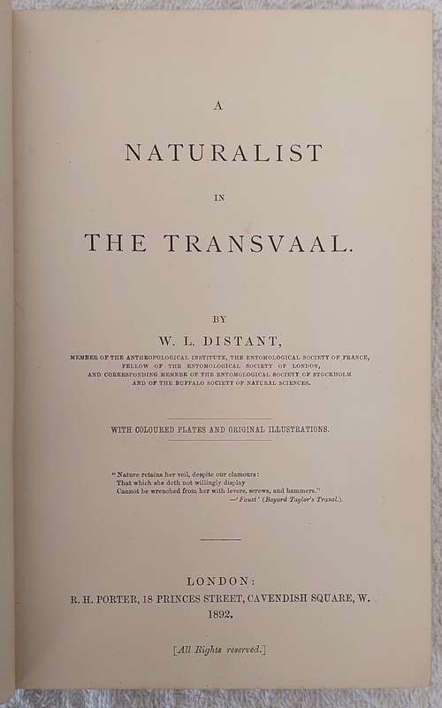 A Naturalist in the Transvaal by W.L. Distant
