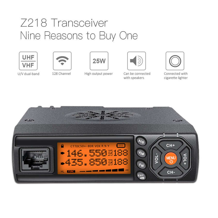 Black - ZASTONE Z218 Mini Mobile Radio Dual Band UHF VHF 128 Channels 25W High Power Compact Design