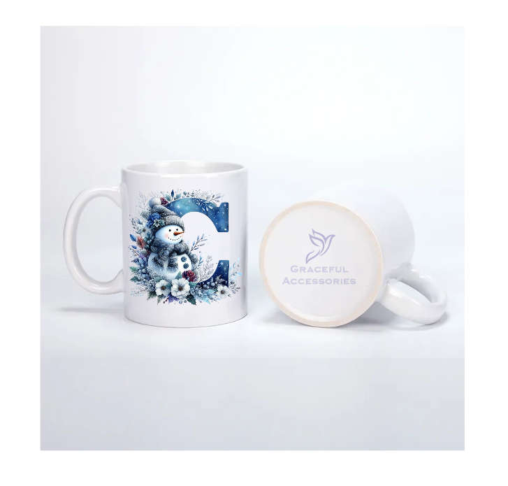 Christmas Monogram C Coffee Mug - Cute Snowman & Watercolor Floral Design