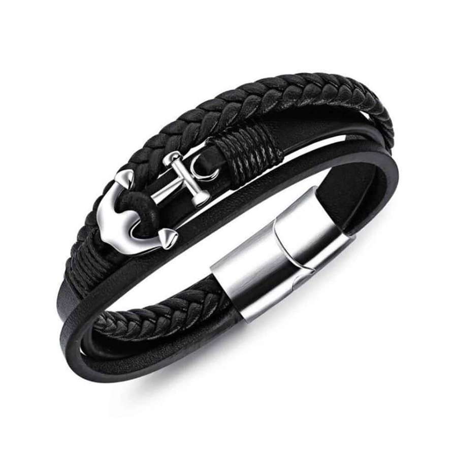 Vegan PU Leather & Stainless Steel Anchor Charm Bracelet- M/L