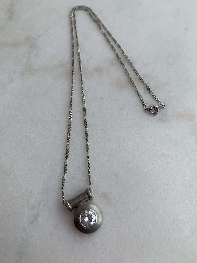 925 Silver Pendant with Round Clear Stone in Round Setting Suspended on Tube With Silver Chain #M...