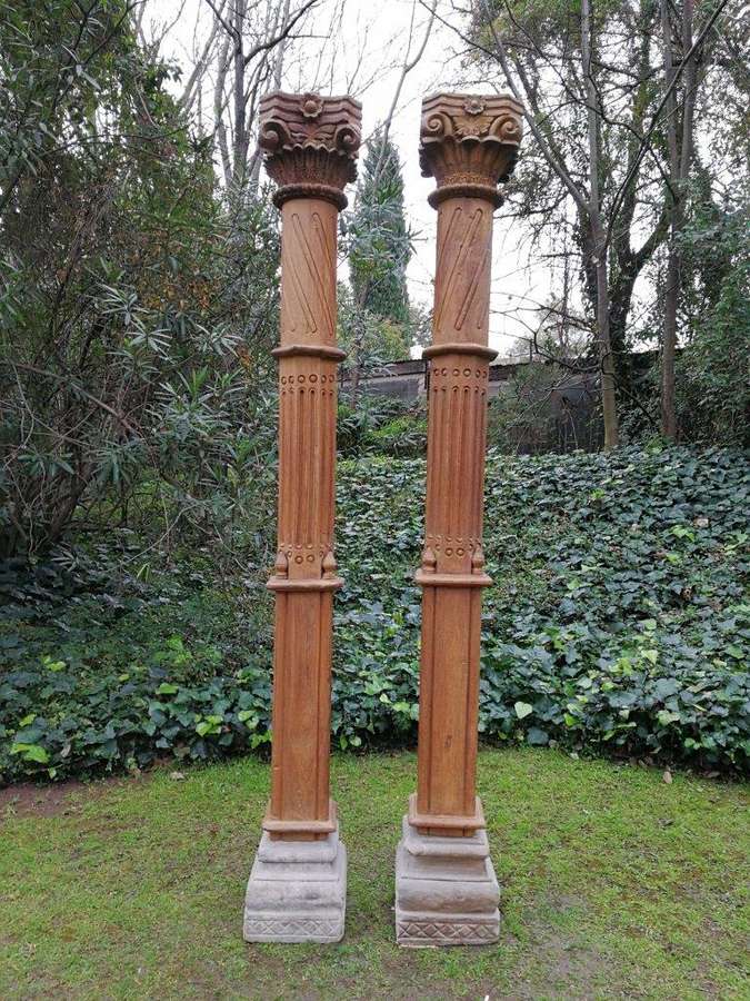 A 19th Century Pair of French Carved Teak Architectural Columns with Concrete Bases