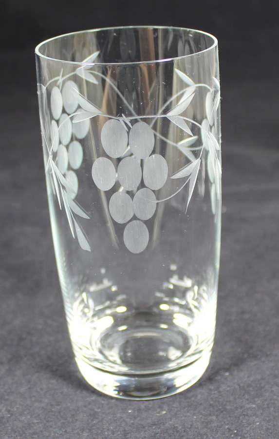 Set of six drinking glasses with etched grapes motif