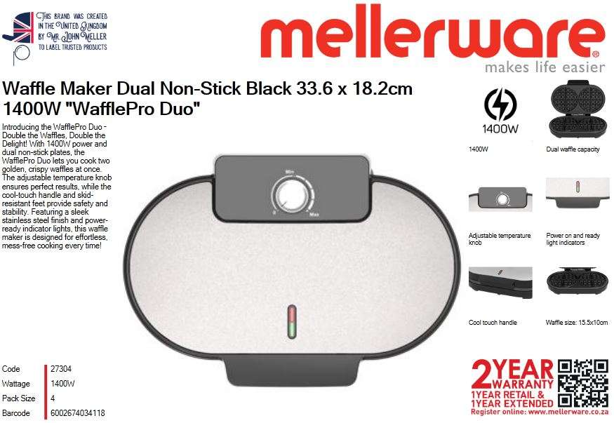 Mellerware - Waffle Maker Dual Non-Stick Black 33.6 x 18.2cm 1400W - Mellerware - Waffle Maker Du...