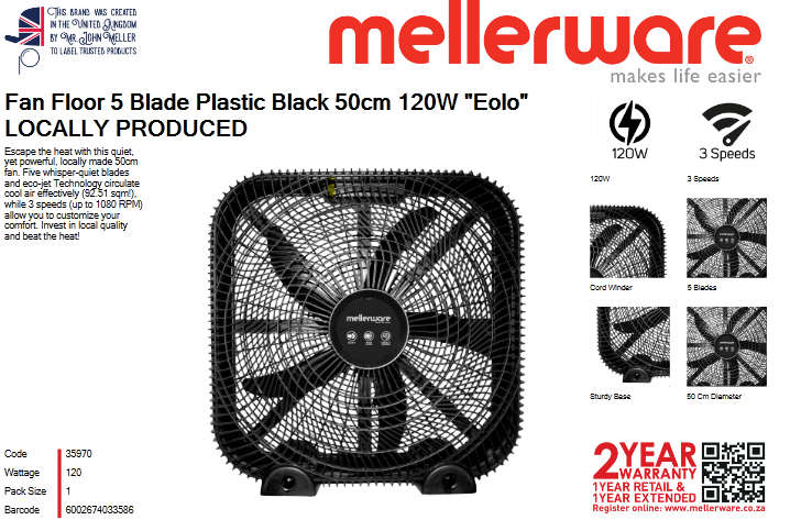 Mellerware - Fan Floor 5 Blade Plastic Black 50cm 120W "Eolo" - Mellerware - Fan Floor 5 Blade Pl...