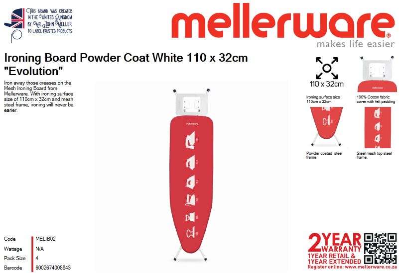 Mellerware - Ironing Board Powder Coat White 110 x 32cm "Evolution" - Mellerware - Ironing Board ...