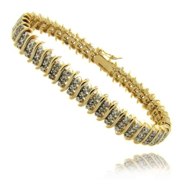 Finesque 14k Gold Overlay 1/4 ct TW Diamond Three Row &apos;S&apos; Bracelet