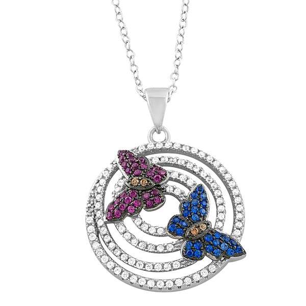 Fremada Rhodium Plated Sterling Silver Cubic Zirconia Butterflies on Rings Neckl