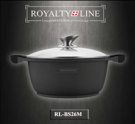 Royalty Line - 26 cm Induction Base Marble Coating Casserole Soup Pot With Glass Lid - Black