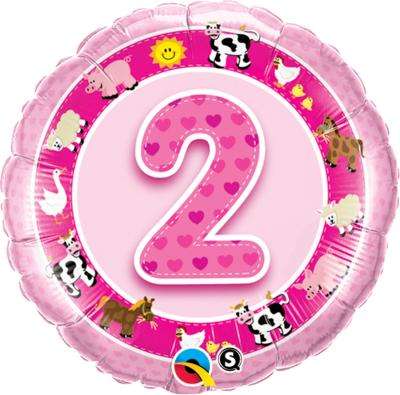 Age 2 Pink Farm Animals Round Foil Balloon (46 cm)