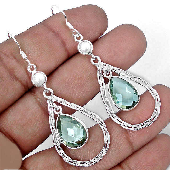 ***UNIQUE!!!***STUNNING PEARL AND GREEN AMETHYST (PRASIOLITE) SOLID STERLING SILVER EARRINGS!