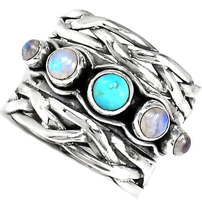***WOAW!!!*** GORGEOUS SLEEPING BEAUTY TURQUOISE AND MOONSTONES IN SOLID STERLING SILVER RING!!!