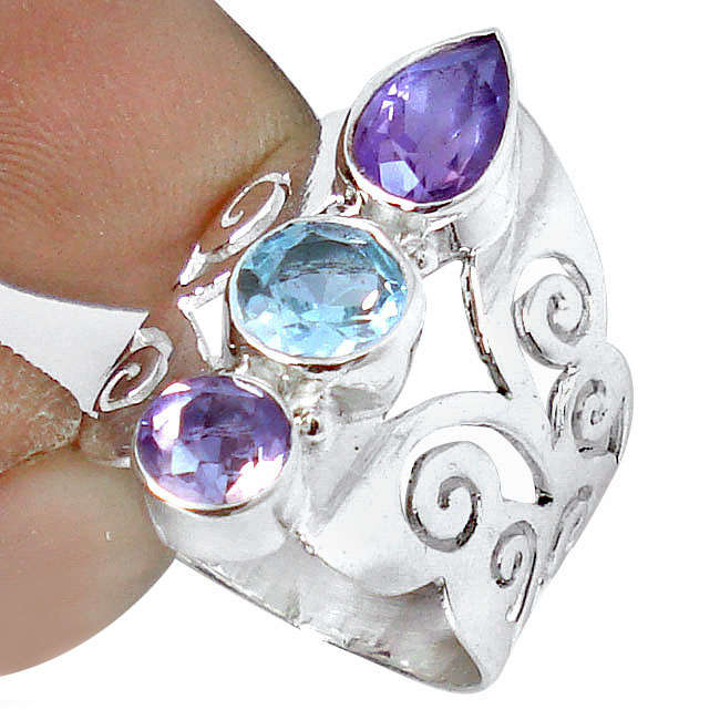 ***WOAW!!!*** SPARKLING NATURAL AMETHYST AND TOPAZ IN SOLID STERLING SILVER RING!!!