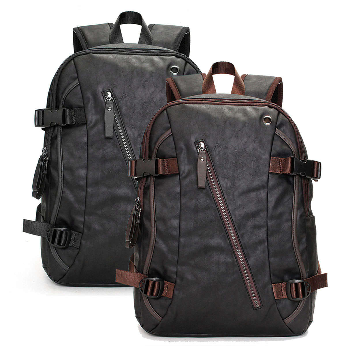Men Vintage PU Leather Zipper Laptop Travel School Outdoor Backpack Bag Rucksack