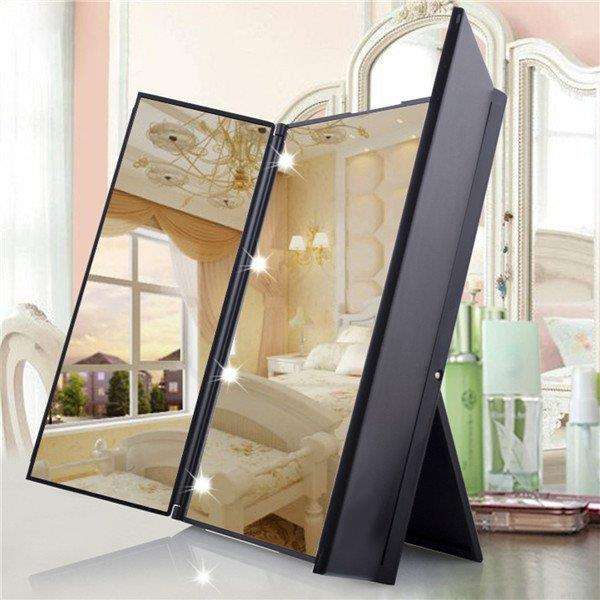 LuckyFine Tri-Fold LED Lighted Mirrors Makeup Wide View Portable Travel Pocket