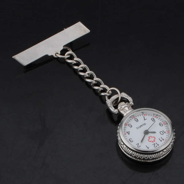 Nurse Silver White Dial Quartz Pocket Watch Clear Cover Pin