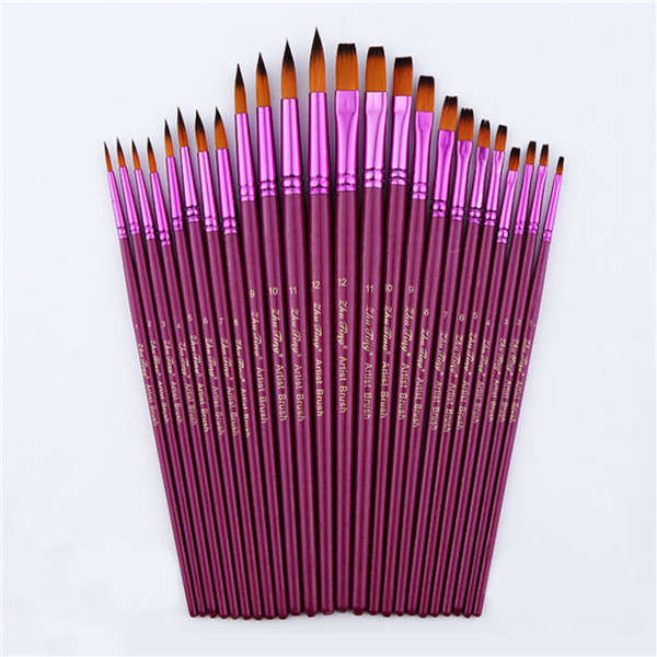 12pcs Flat Tip Round Tip Painting Brushes Artist Nylon Hair Watercolor Oil Draw