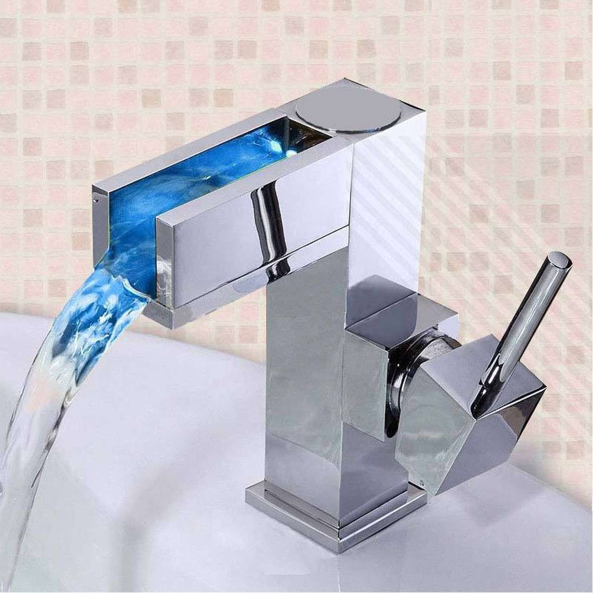 Bathroom Kitchen Sink Faucet LED Tap Waterfall Mix Brass Finish Single Handle