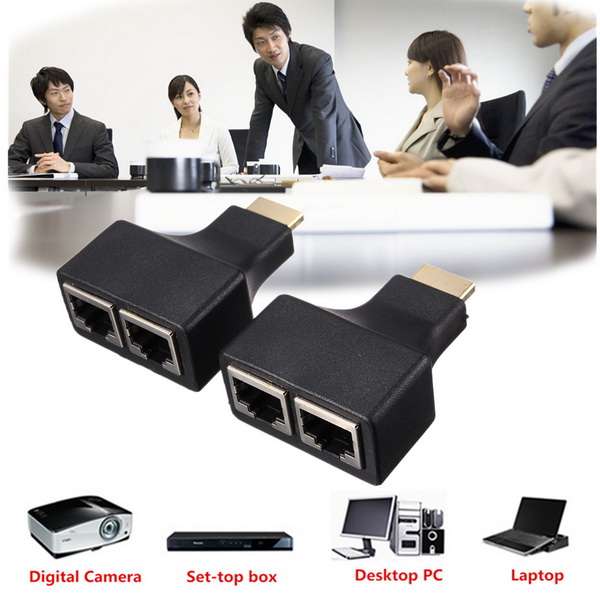 2PCS HDMI To Dual Ports RJ45 Network Cable Extender Cat 5e/6 Connector Adapter