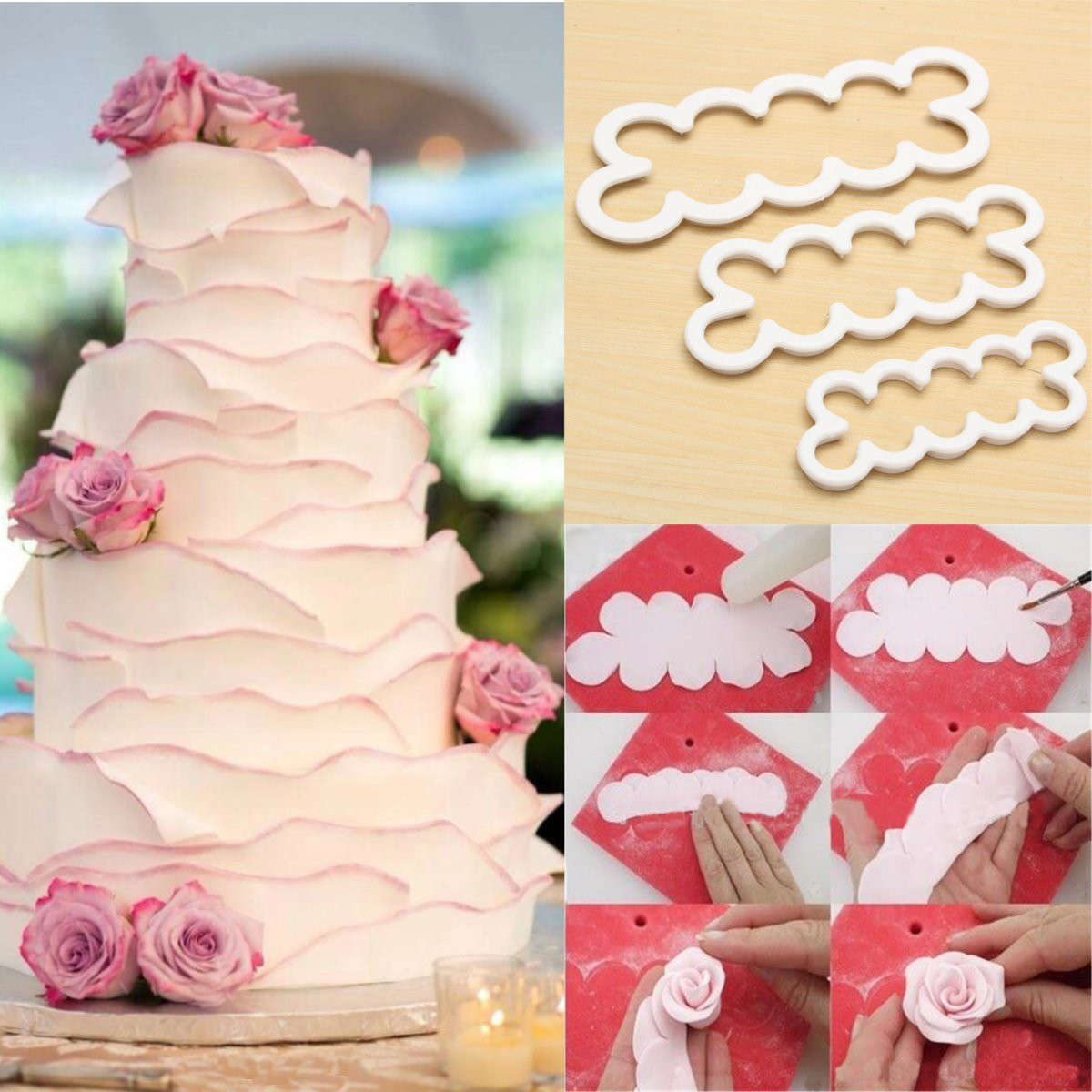 3pcs Rose Flower Petal Cutter Fondant Cake Chocolate Sugarcraft Mold Decor Tool